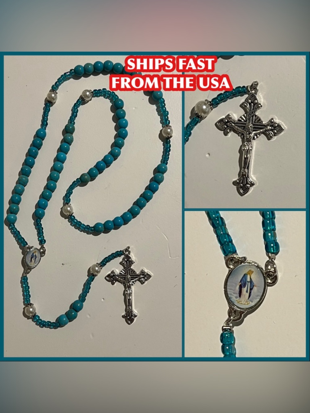 Rosary Beads Necklace Crucifix - Turquoise